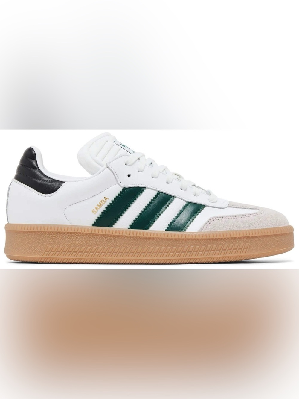 Adidas Samba XL White Sneakers with Dark Green Stripes and Gum Sole